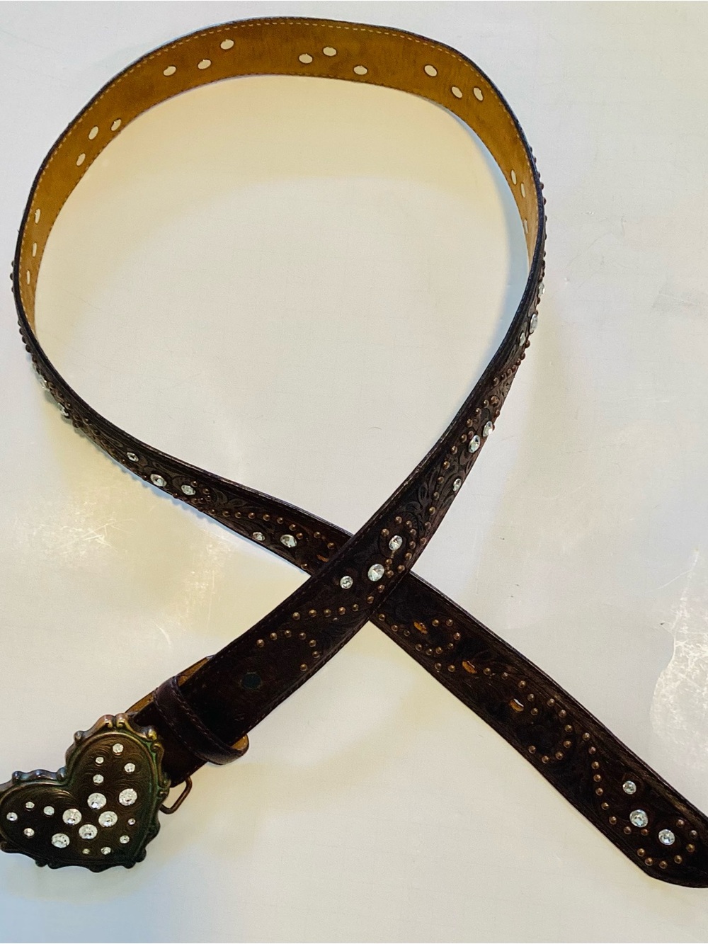 JUSTIN BOOT Tooled Rhinestone Belt & Heart Buckle.  Size 34 - Picture 5 of 11